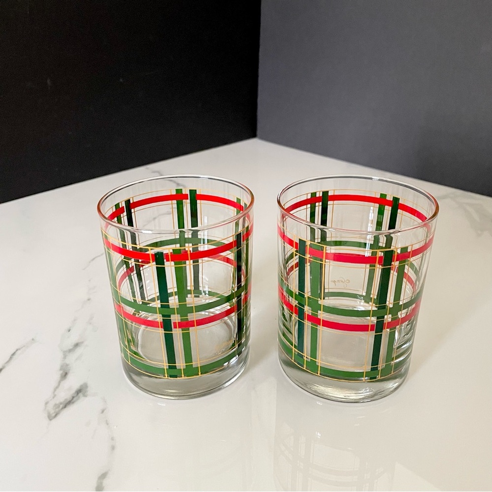 SET of 2 Holiday Plaid Double Old Fashioned Glasses by Georges Briard